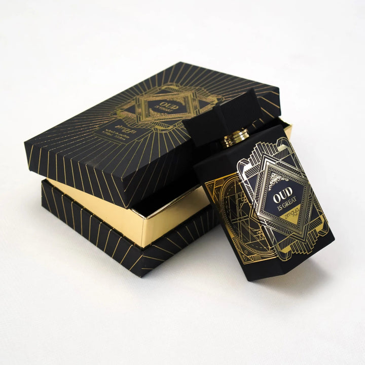 Black and gold box with geometric design on a white background