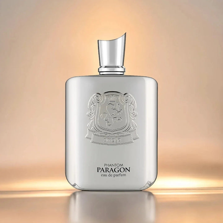 Perfume bottle labeled 'Phantom Paragon' on a gradient background