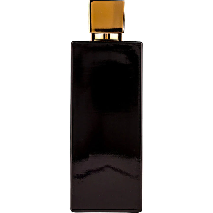 Black perfume bottle with a gold cap on a white background