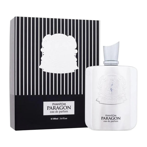 White Paragon eau de parfum bottle and packaging with black and white design.