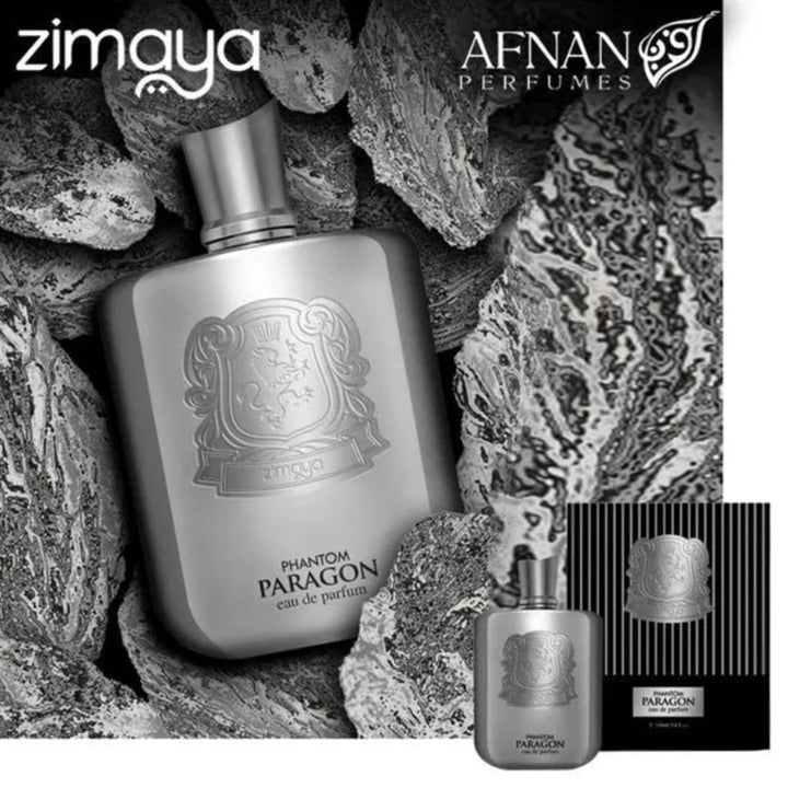 Afnan Parfums Phantom Paragon perfume bottle and packaging on a textured stone background