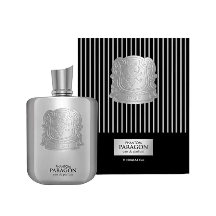 Silver perfume bottle and packaging with 'Phantom Paragon' branding on a white background