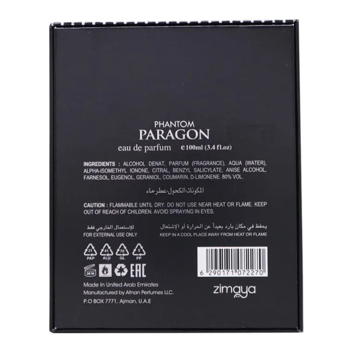 Back of a black Paragon perfume packaging with text and branding.