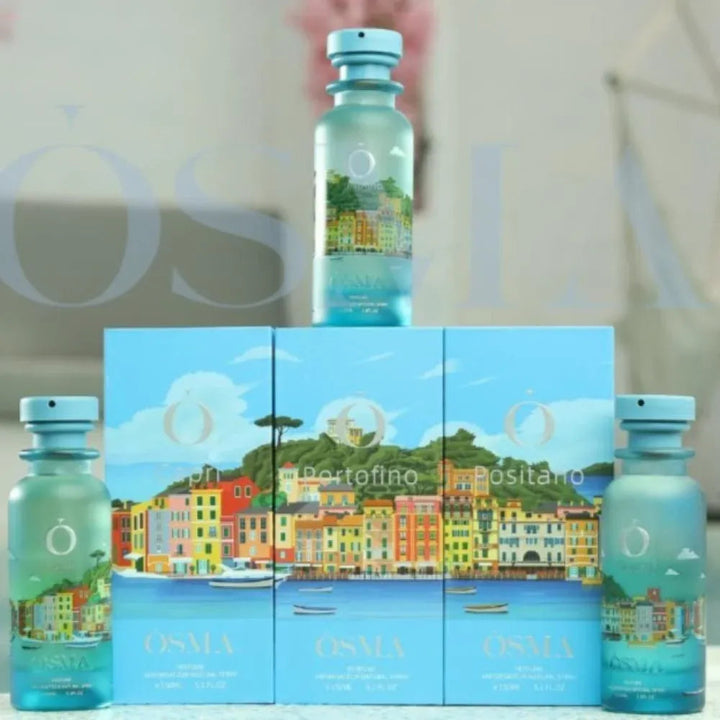 OSKA Portofino Positano perfume bottles and packaging with scenic design.