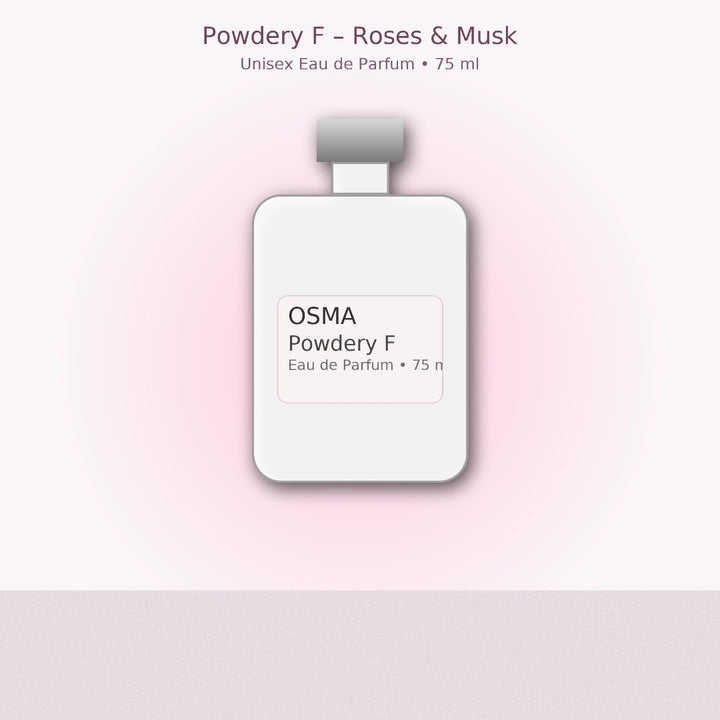 OSMA Powdery F Eau de Parfum bottle on a light pink background