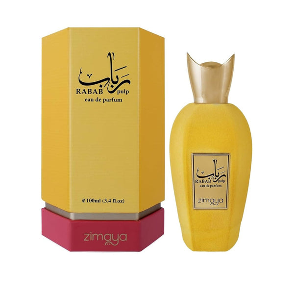 Yellow perfume bottle and packaging with 'RABAB' branding on a white background