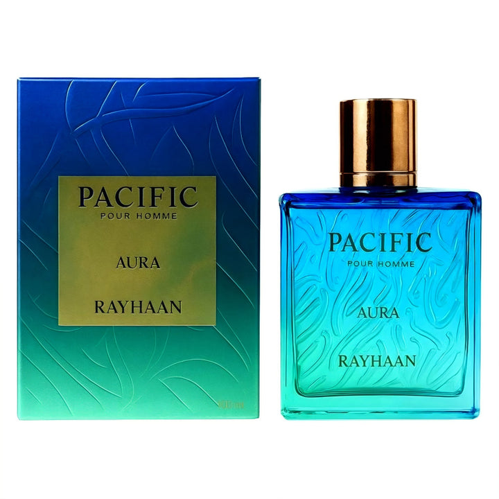Perfume bottle and packaging of Pacific Pour Homme Aura Rayhaan on a white background