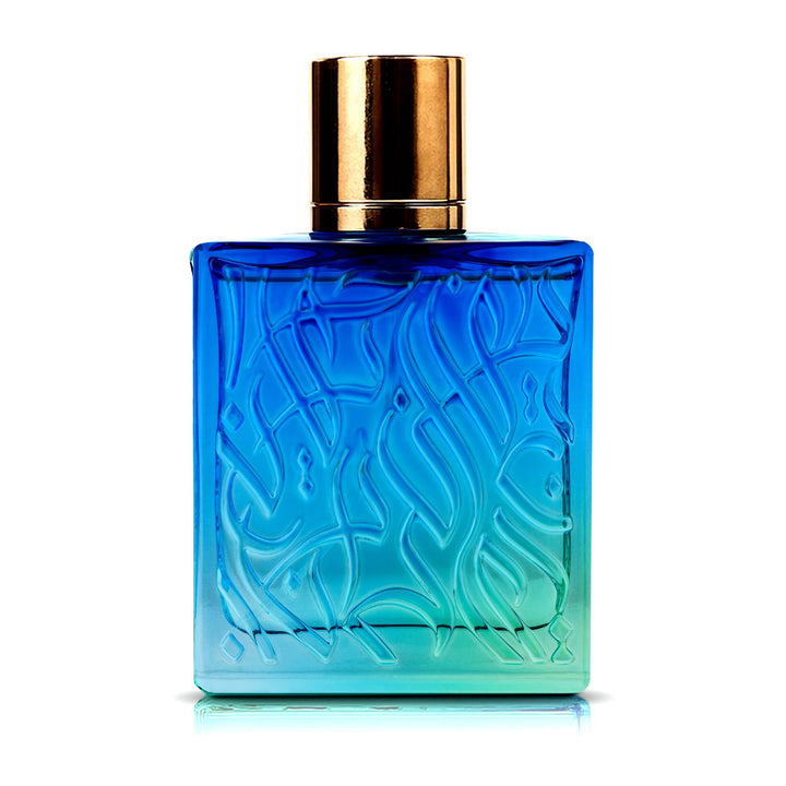 Blue perfume bottle with gold cap on a white background  pacific aura rayhaan