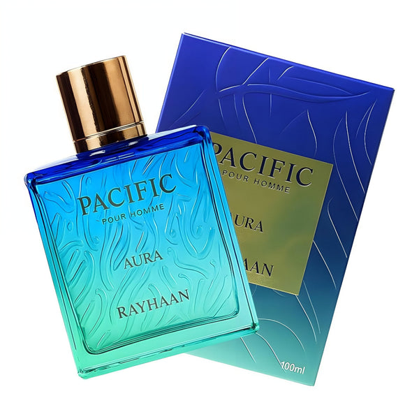 Perfume bottle and packaging of Pacific Aura by Rayhaan on a white background