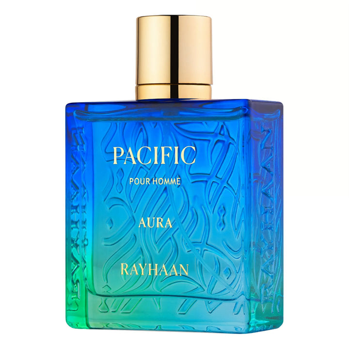 Blue perfume bottle with gold cap labeled 'Pacific Pour Homme Aura Rayhaan' on a white background