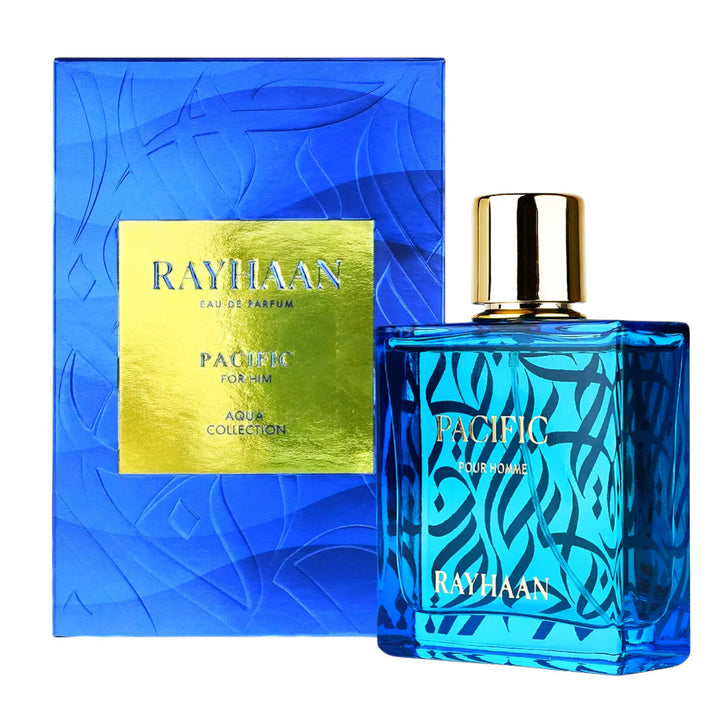 Blue Rayhaan perfume bottle with matching packaging on a white background