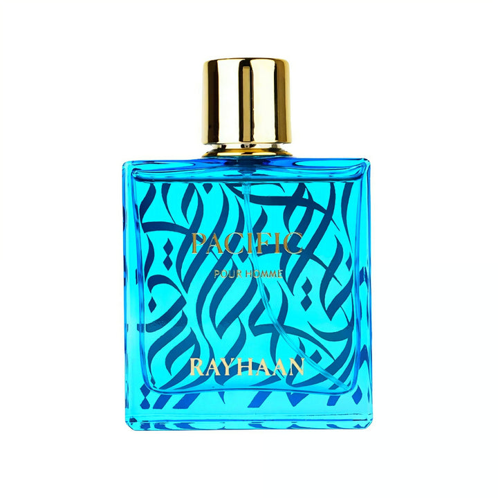 Blue perfume bottle with gold cap on a white background rayhaan pacific