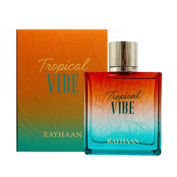 Perfume bottle and packaging with 'Tropical Vibe' and 'Rayhaan' text on a white background