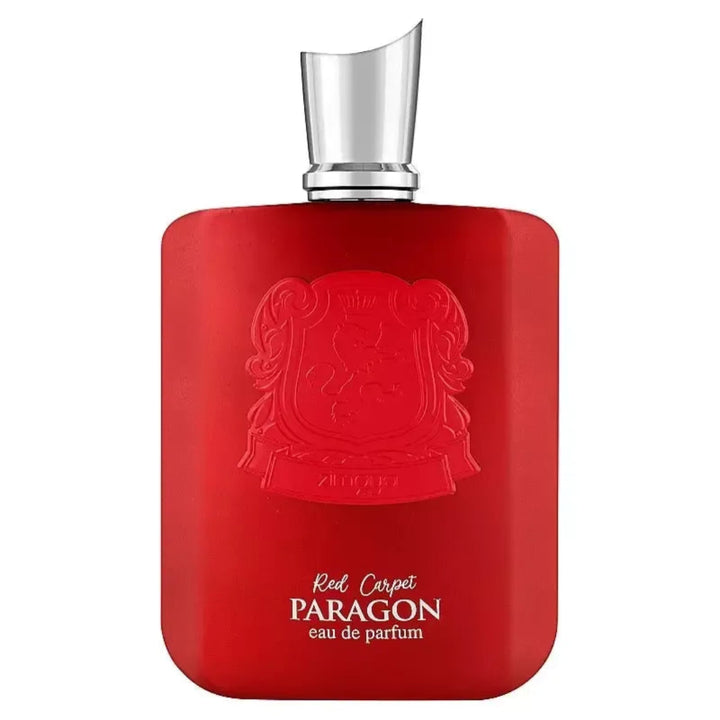 Red Paragon Eau de Parfum bottle with silver cap on a white background