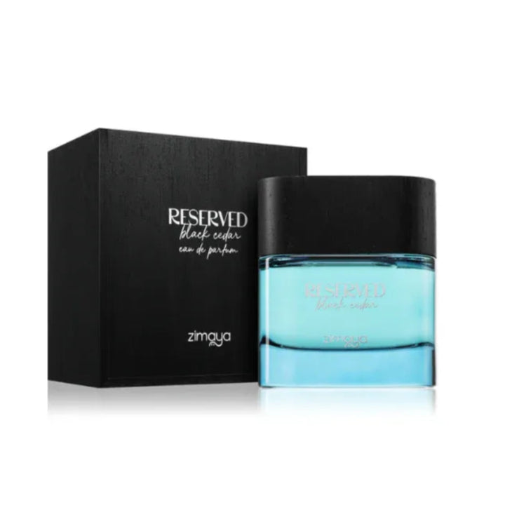 Blue perfume bottle with black cap and 'Reserved' packaging on a white background