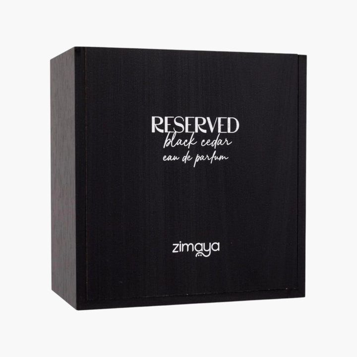 Black box of 'Reserved Black Cedar' eau de parfum by zimaya on a white background