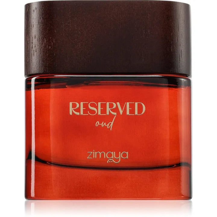 Red container with brown lid labeled 'Reserved oud zimaya' on a white background