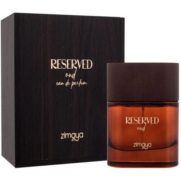 Zimaya Reserved oud eau de parfum bottle and packaging on a white background