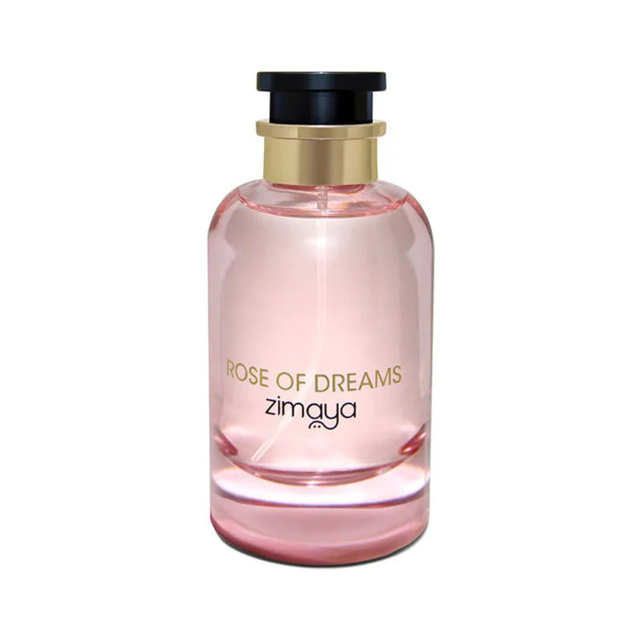 Pink perfume bottle labeled 'Rose of Dreams' by zimaya on a white background
