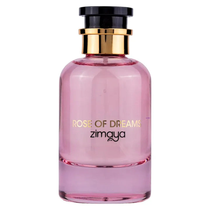 Pink perfume bottle labeled 'Rose of Dreams' by zimaya on a white background
