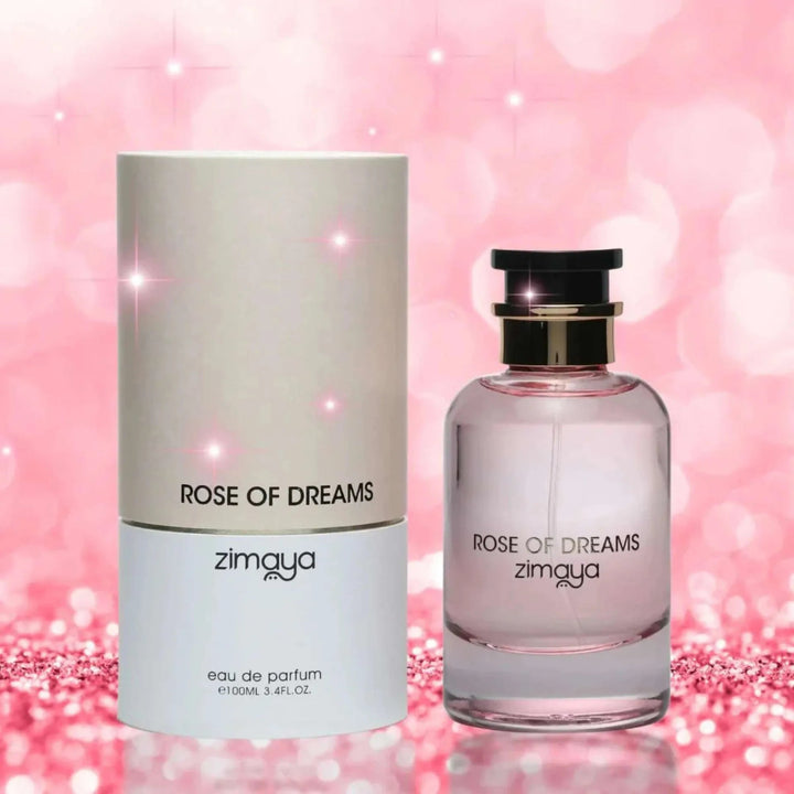 Zimaya Rose of Dreams perfume bottle and packaging on a pink glittery background