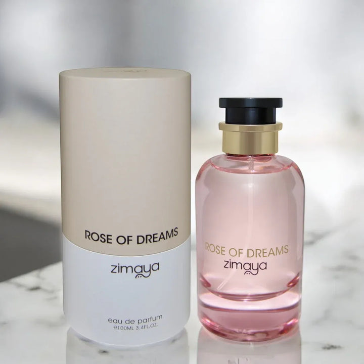 Zimaya Rose of Dreams perfume bottle and packaging on a light background