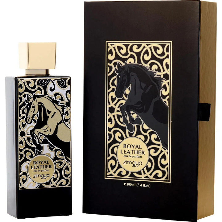 Perfume bottle and packaging with horse design and 'Royal Leather' text