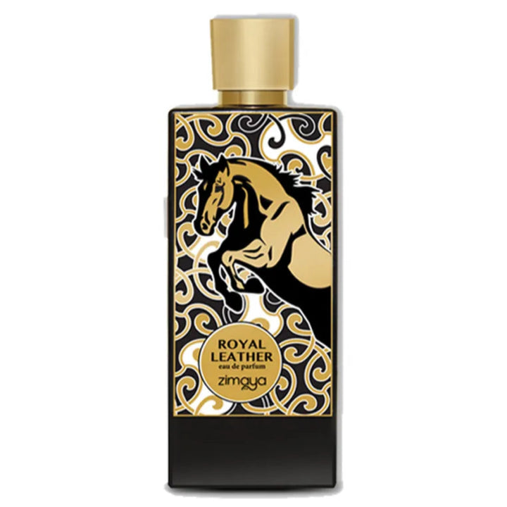 Zimaya Royal Leather perfume bottle with gold and black design on a white background