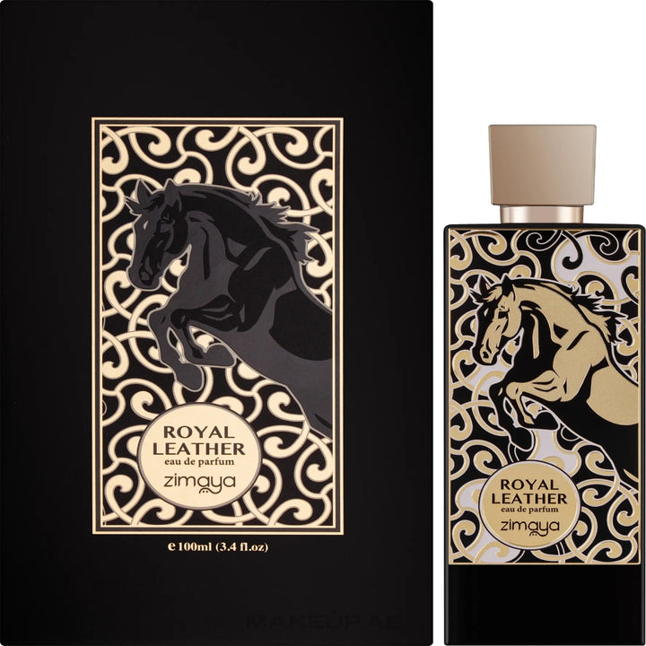 Zimyra Royal Leather eau de parfum packaging with horse design on black and gold background