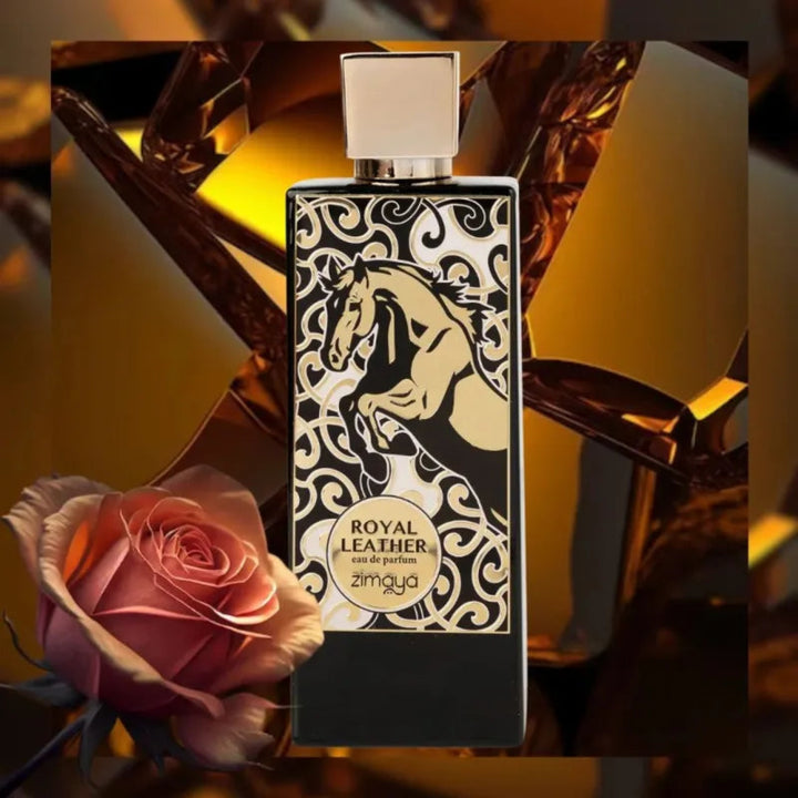 Perfume bottle with intricate design and horse illustration, placed next to a pink rose on a warm-toned background.