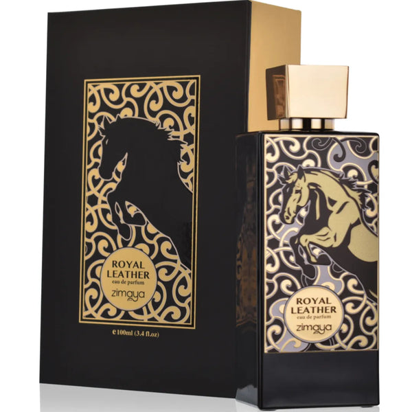Zinaga Royal Leather perfume bottle and packaging with horse design on a white background