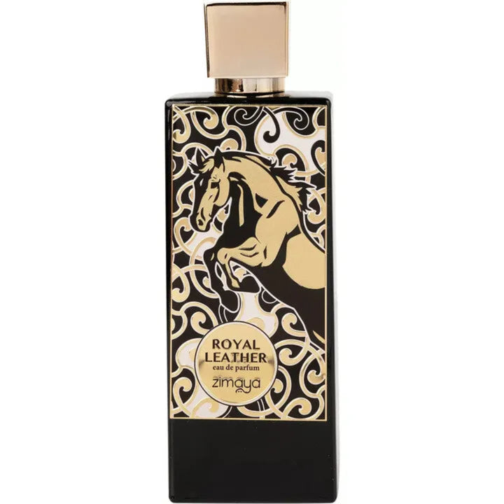 Perfume bottle with horse design and 'Royal Leather' text on a white background