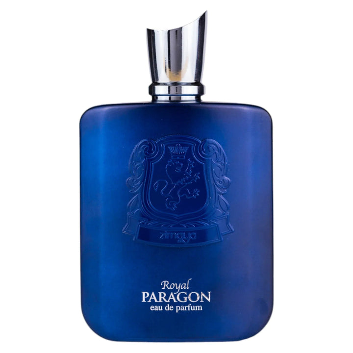Blue perfume bottle with silver cap on a white background