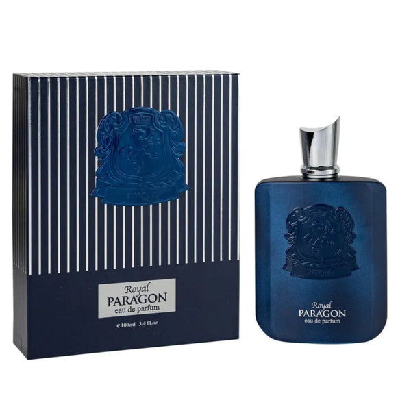 Blue Paragon perfume bottle and packaging on a white background