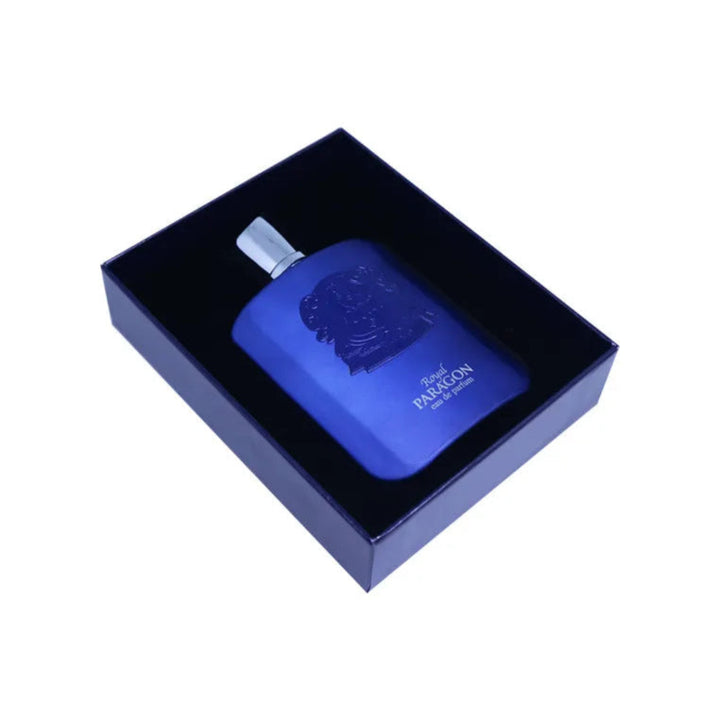 Blue perfume bottle in a black box on a white background