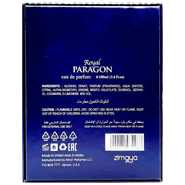 Back of a Royal Paragon eau de parfum packaging with ingredients and branding.