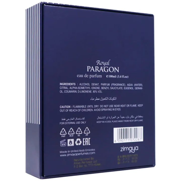Blue box of Royal Paragon perfume with text and branding on a white background