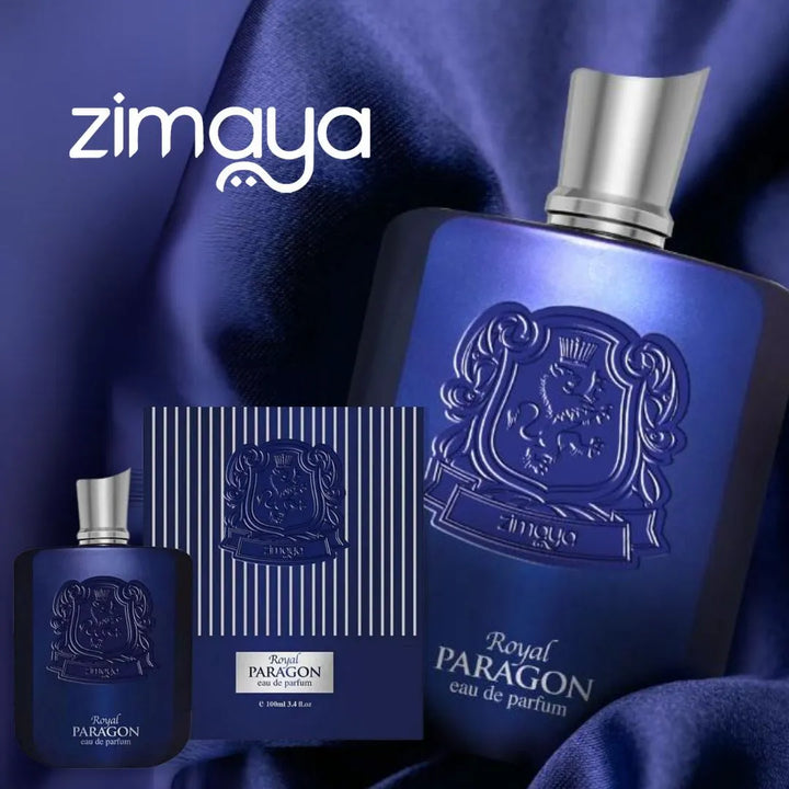 Blue perfume bottle and packaging with 'zimaya' branding on a blue fabric background