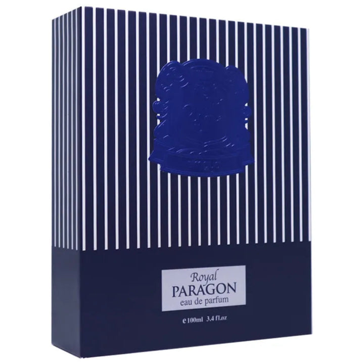 Blue and white striped box of Royal Paragon eau de parfum on a white background