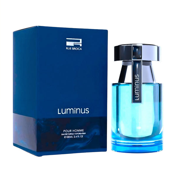 Luminus Pour Homme Rue Broca for men perfume bottle and packaging on a white background