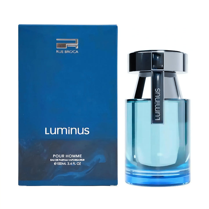 Luminus Pour Homme Rue Broca for men perfume bottle and packaging on a white background