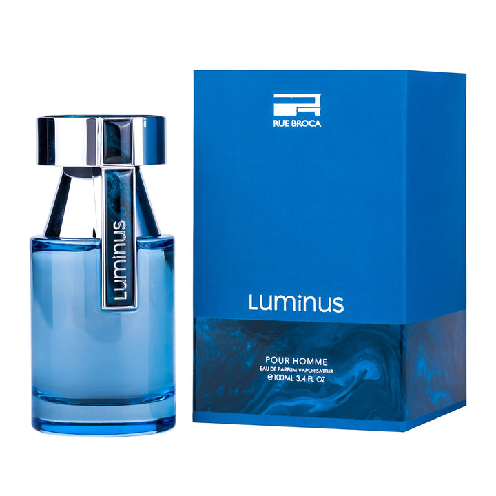 Luminus Pour Homme Rue Broca for men bottle and packaging on a white background