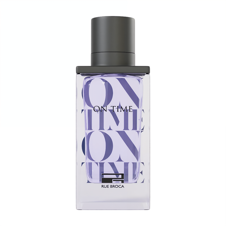 Perfume bottle with 'On Time pour Homme Rue Broca design on a white background