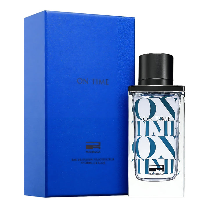 Perfume bottle and packaging withOn Time pour Homme Rue Broca branding on a white background