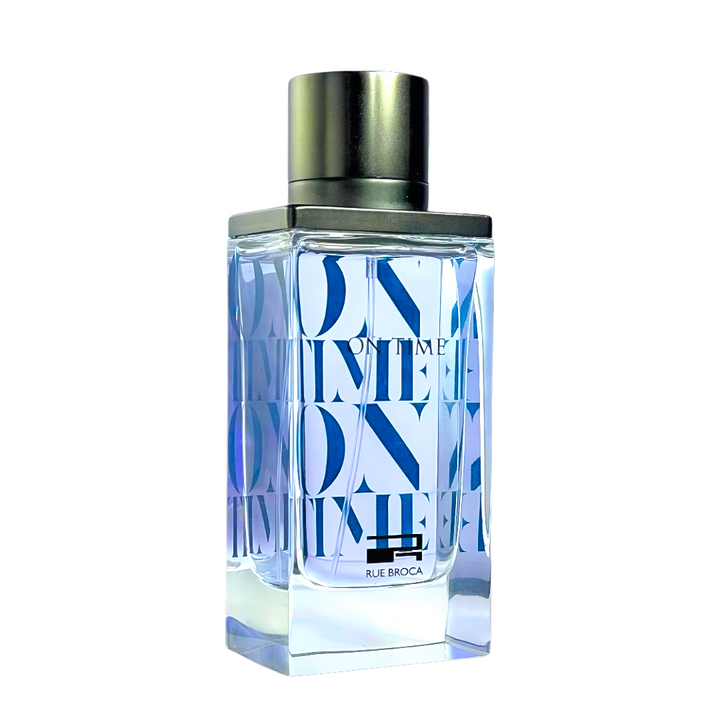 On Time pour Homme Rue Broca Perfume bottle with blue design and metallic cap on a white background
