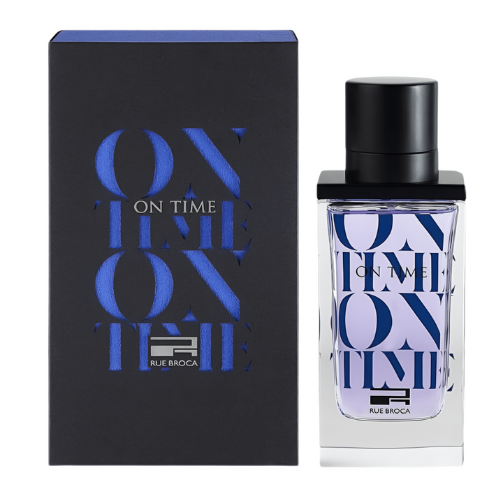 Perfume bottle and packaging with 'On Time pour Homme Rue Broca' text on a white background