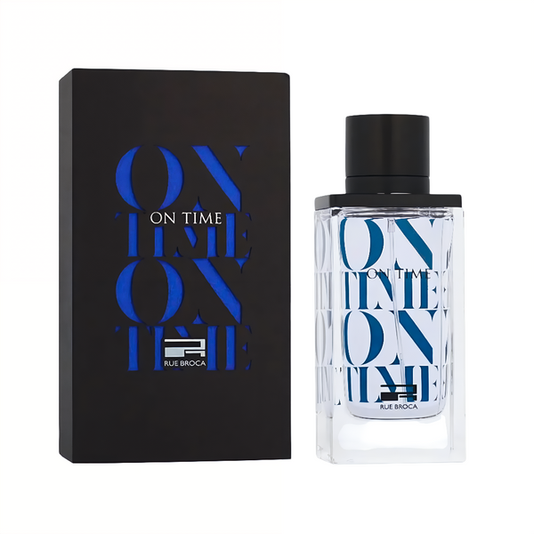 Perfume bottle and packaging with 'On Time pour Homme Rue Broca' text on a white background
