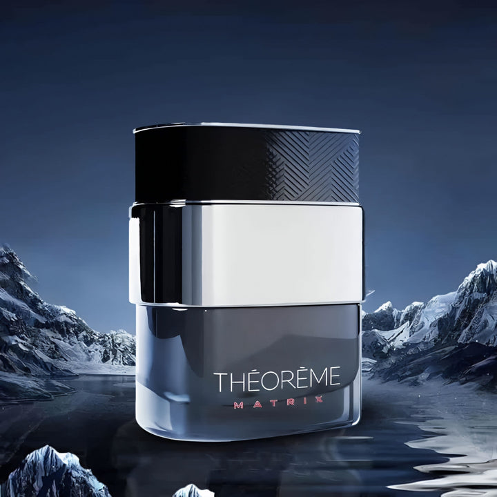 Cosmetic jar with 'Theoreme Matrix' on a mountainous landscape background
