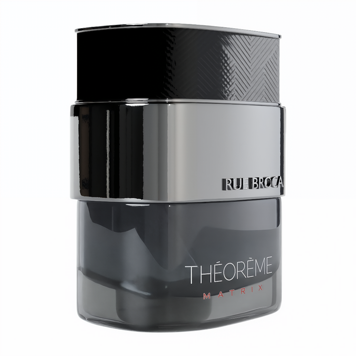 Black and silver cylindrical container with 'Théorème Matrix Rue Broca for men' branding on a white background