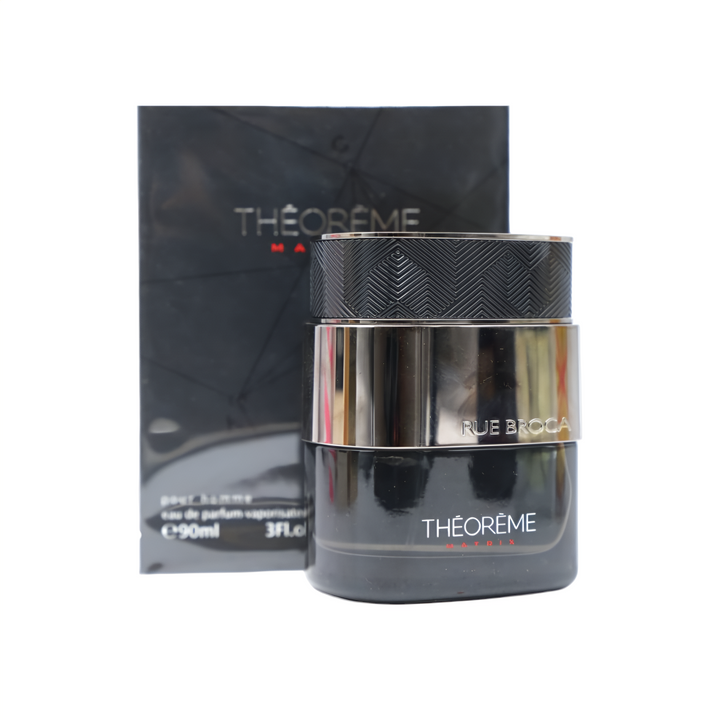 Black and silver container with 'Théorème Matrix Rue Broca for men' branding on a white background
